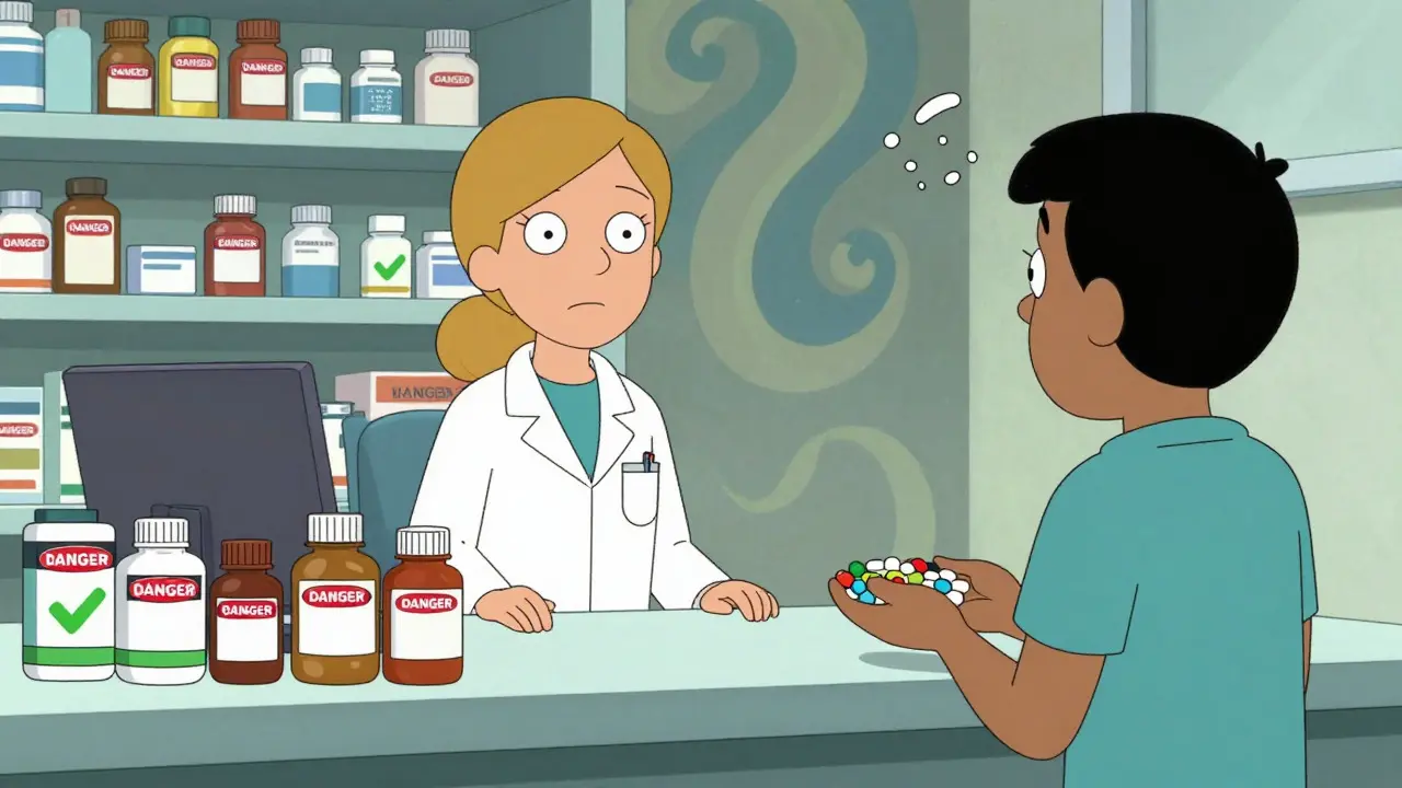 Pharmacist explaining risks of expired drugs to confused customer