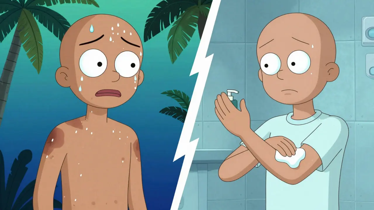 Split screen showing sweaty outbreak versus treatment routine