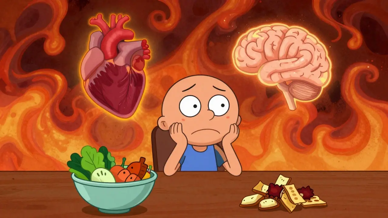 Stylized figure surrounded by inflammation symbols and health icons