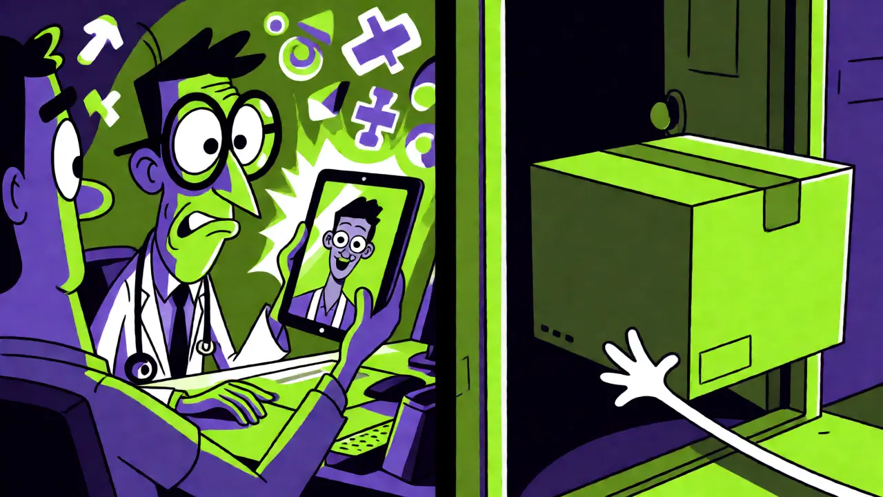 Doctor on video call and package delivery in split-screen cartoon style.