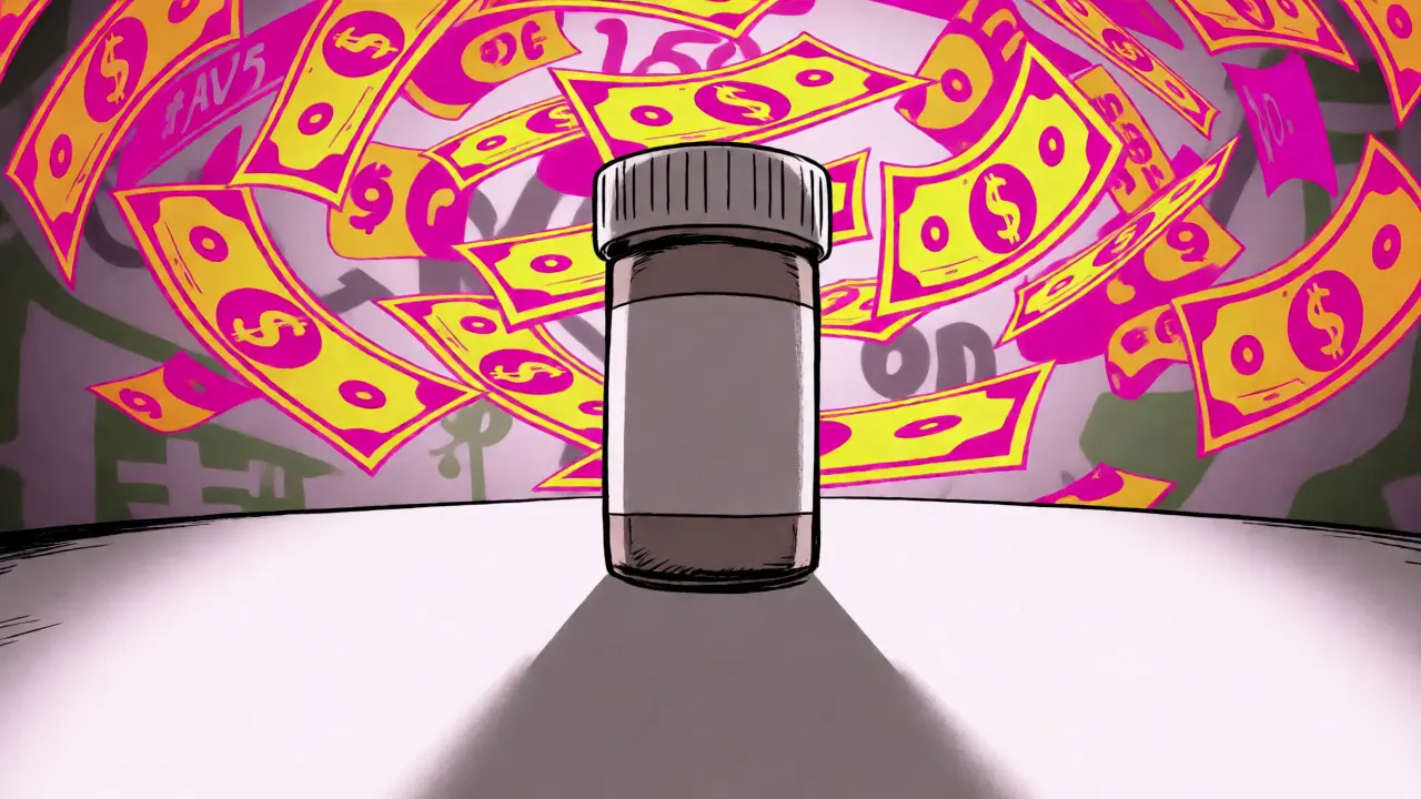 Pill bottle surrounded by swirling money and price tags in surreal art.